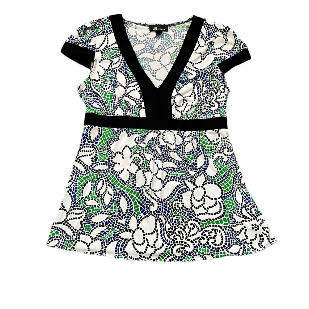 AB Studio - Tie-back, baby-doll blouse - Black/White/Green/Blue - Size: Medium